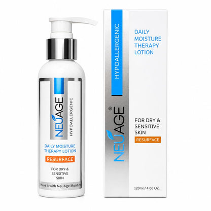NeuAge Resurface Daily Moisture Therapy Lotion bottle with pump next to its retail box, both featuring white, silver, blue, and orange labeling on a clean white background.