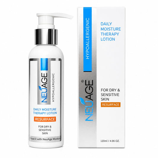 NeuAge Resurface Daily Moisture Therapy Lotion bottle with pump next to its retail box, both featuring white, silver, blue, and orange labeling on a clean white background.