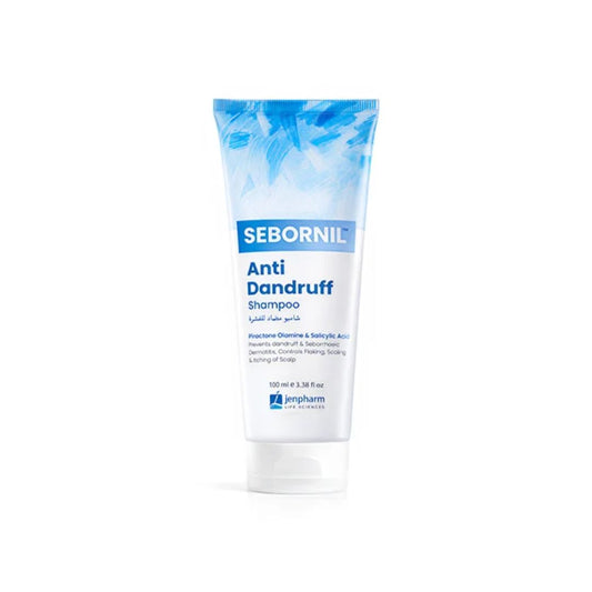 A squeeze tube of Sebornil Anti Dandruff Shampoo with a blue and white design, shown on a clean white background.